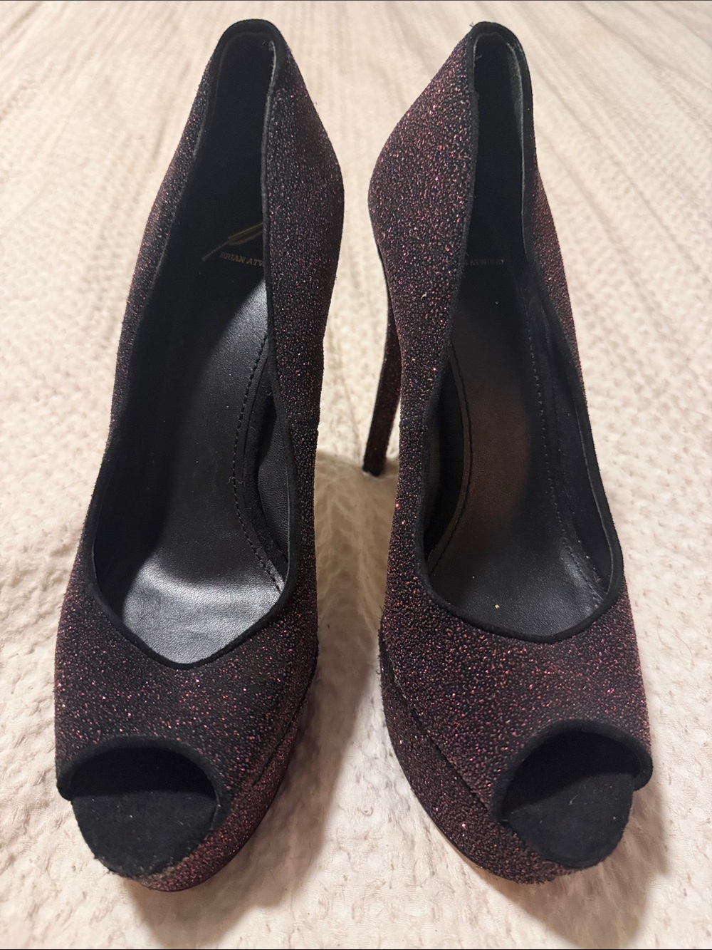 B Brian Atwood Burgundy Glitter Peep-Toe Stilettos
